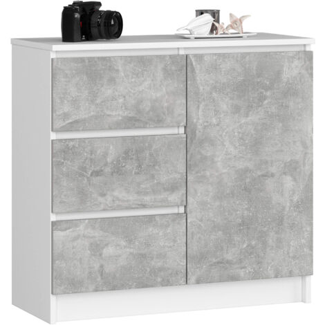 Cómoda AKORD JERRY Blanco 80 cm 1 puerta 3 cajones frente en color Gris Hormigón 2 estantes 80x35x77 cm