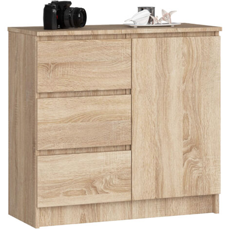 Cómoda AKORD JERRY Roble Sonoma 80 cm 1 puerta 3 cajones frente en color Roble Sonoma 2 estantes 80x35x77 cm