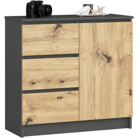 Cómoda AKORD JERRY Grafito Gris 80 cm 1 puerta 3 cajones frente en color Roble Artisan 2 estantes 80x35x77 cm