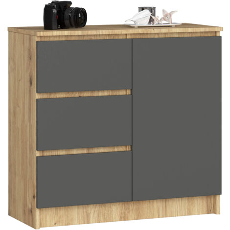 Cómoda AKORD JERRY Roble Artisan 80 cm 1 puerta 3 cajones frente en color Grafito Gris 2 estantes 80x35x77 cm