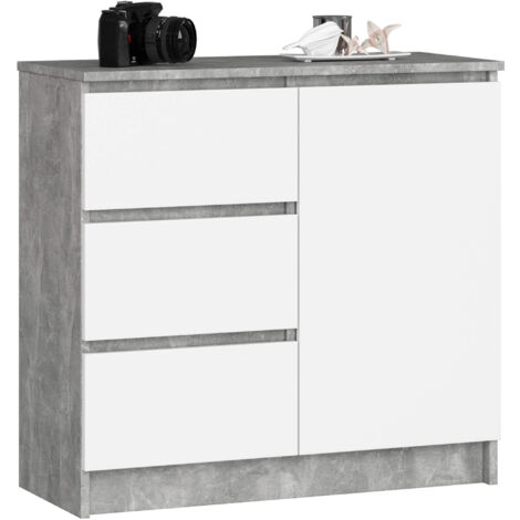 Cómoda AKORD JERRY Gris Hormigón 80 cm 1 puerta 3 cajones frente en color Blanco 2 estantes 80x35x77 cm