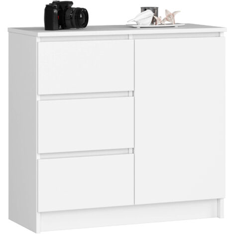 Cómoda AKORD JERRY Blanco 80 cm 1 puerta 3 cajones frente en color Blanco 2 estantes 80x35x77 cm