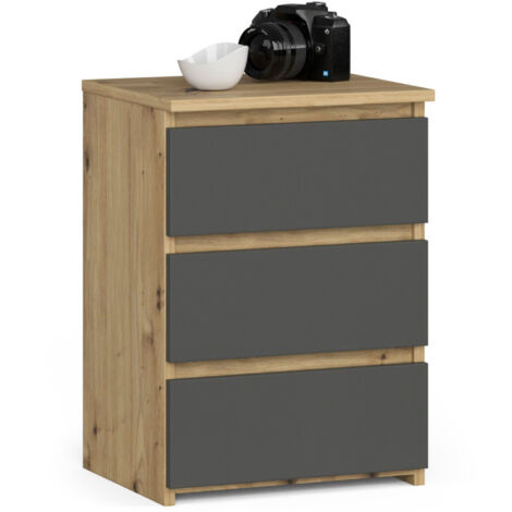 Mesita de noche AKORD CL3 Roble Artisan 40 cm 3 cajones frentes frente en color Grafito Gris 40x35x57 cm