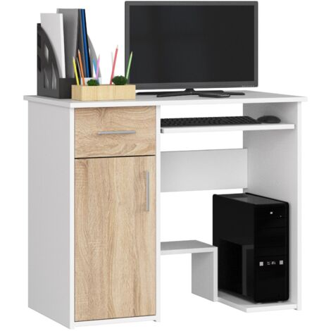 Escritorio de ordenador AKORD JAY Blanco 90 cm 1 puerta 1 cajón frente en color Roble Sonoma 3 estantes 90x50x74 cm (1/4)