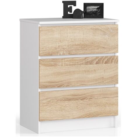 Cómoda AKORD K60 Blanco 60 cm 3 cajones frente en color Roble Sonoma 60x40x77 cm