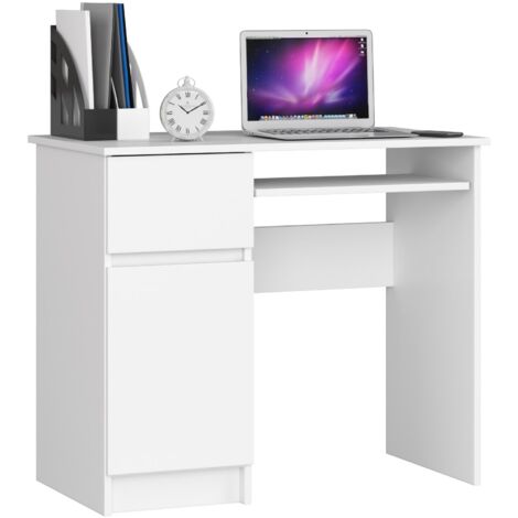 Escritorio de ordenador AKORD PIKSEL Blanco 90 cm con lado izquierdo 1 puerta 1 cajón frente en color Blanco 3 estantes 90x50x77 cm