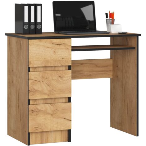Escritorio de ordenador AKORD A6 Roble Craft 90 cm con lado izquierdo 3 cajones frente en color Roble Craft 1 estante 90x50x77 cm