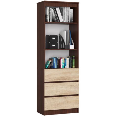 Librería AKORD R60 Wenge 60 cm 3 cajones frente en color Roble Sonoma 3 estantes 60x35x180 cm