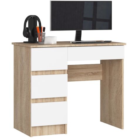 Escritorio de ordenador AKORD A7 Roble Sonoma 90 cm con lado izquierdo 4 cajones frente en color Blanco 90x50x77 cm