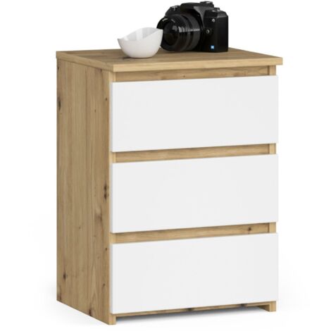 Mesita de noche AKORD CL3 Roble Artisan 40 cm 3 cajones frente en color Blanco 40x35x57 cm