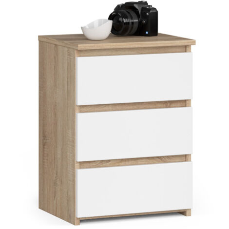 Mesita de noche AKORD CL3 Roble Sonoma 40 cm 3 cajones frente en color Blanco 40x35x57 cm