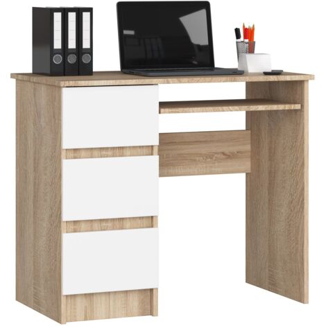 Escritorio de ordenador AKORD A6 Roble Sonoma 90 cm con lado izquierdo 3 cajones frente en color Blanco 1 estante 90x50x77 cm