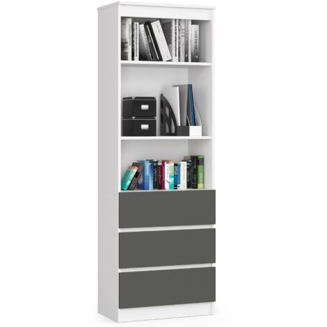 Librería AKORD R60 Blanco 60 cm 3 cajones frente en color Grafito Gris 3 estantes 60x35x180 cm