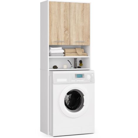 Columna de baño AKORD FIN para lavadora Blanco 64 cm 2 puertas frente en color Roble Sonoma 4 estantes 64x30x180 cm