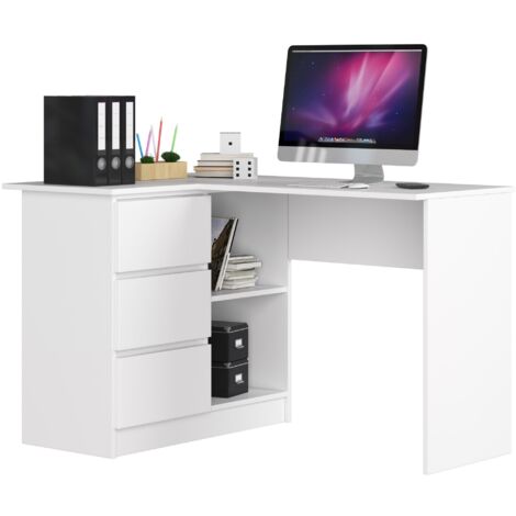 Escritorio esquinero AKORD B16 Blanco 124 cm con lado izquierdo 3 cajones frente en color Blanco 2 estantes 124x85x77 cm