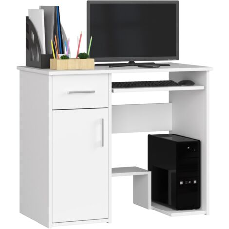 Escritorio de ordenador AKORD JAY Blanco 90 cm 1 puerta 1 cajón frente en color Blanco 3 estantes 90x50x74 cm (1/5)