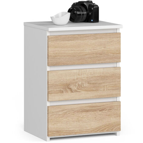Mesita de noche AKORD CL3 Blanco 40 cm 3 cajones frente en color Roble Sonoma 40x35x57 cm