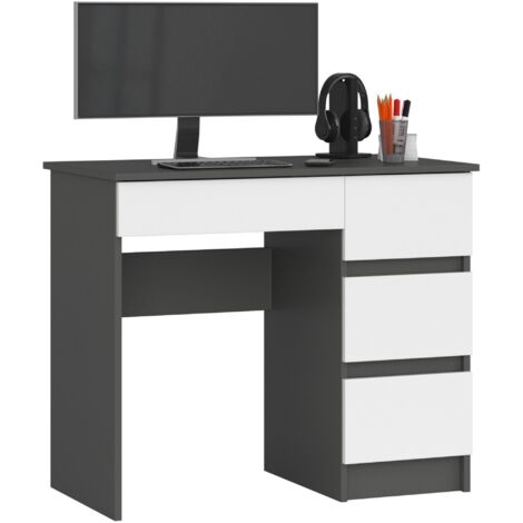 Escritorio de ordenador AKORD A7 Grafito Gris 90 cm con lado derecho 4 cajones frente en color Blanco 90x50x77 cm