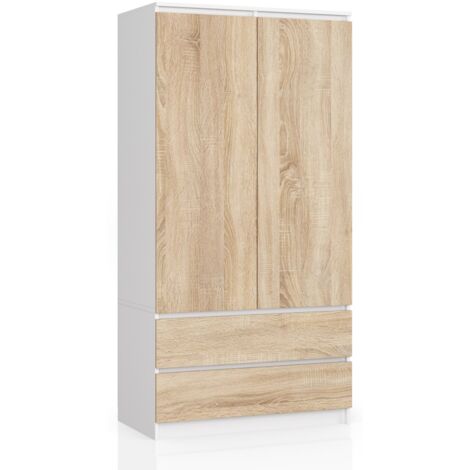 Armario AKORD S90 Blanco 90 cm 2 puertas 2 cajones frente en color Roble Sonoma 4 estantes 90x51x180 cm