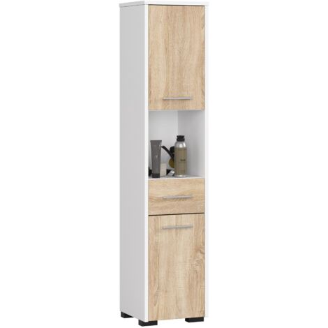 Columna de baño AKORD FIN Blanco 30 cm 2 puertas 1 cajón frente en color Roble Sonoma 5 estantes 30x30x140 cm