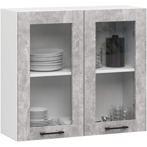 Vitrina de cocina colgante alta AKORD Blanco 80 cm 2 puertas frente en color Gris hormigón 80x30,5x72 cm