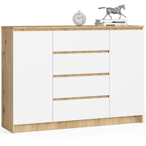 Cómoda AKORD K140 Roble Artisan 138 cm 2 puertas 4 cajones frente en color Blanco 4 estantes 138x40x99 cm