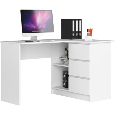 Escritorio esquinero AKORD B16 Blanco 124 cm con lado derecho 3 cajones frente en color Blanco 2 estantes 124x85x77 cm