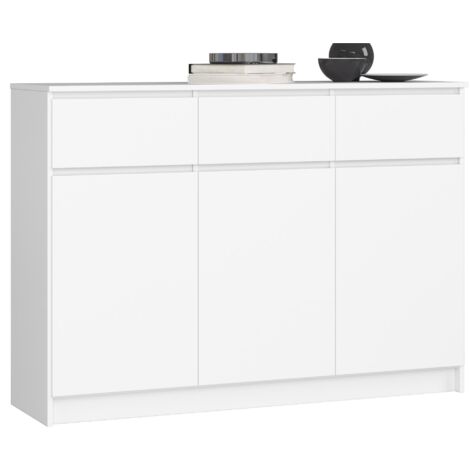 Cómoda AKORD K140 Blanco 138 cm 3 puertas 3 cajones frente en color Blanco 6 estantes 138x40x99 cm