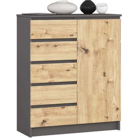 Cómoda AKORD K80 Gris Grafito 80 cm 1 puerta 5 cajones frente en color Roble Artisan 80x35x97 cm