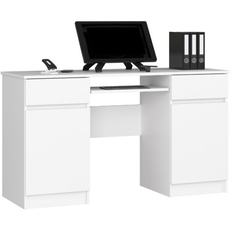 Escritorio de ordenador AKORD A5 Blanco 135 cm 2 puertas 2 cajones frente en color Blanco 5 estantes 135x50x77 cm (1/5)