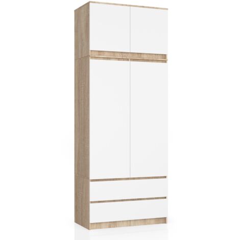 Armario AKORD S90 con altillo Roble Sonoma 90 cm 2 puertas 2 cajones frente en color Blanco 6 estantes 90x51x234 cm