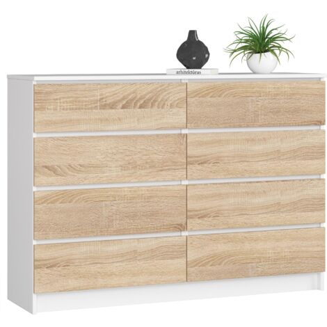 Cómoda AKORD K140 Blanco 138 cm 8 cajones frente en color Roble Sonoma 138x40x99 cm