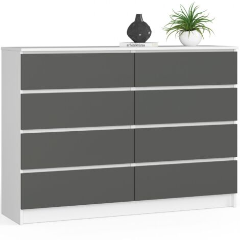 Cómoda AKORD K140 Blanco 138 cm 8 cajones frente en color Grafito Gris 138x40x99 cm