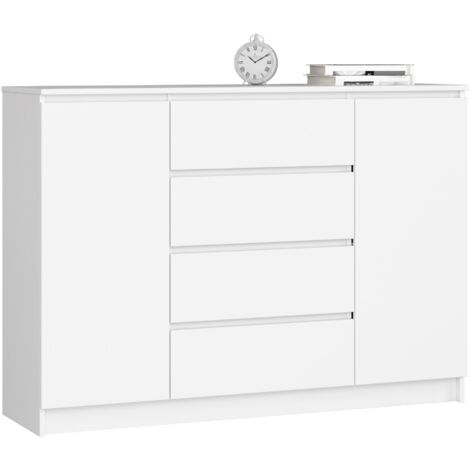 Cómoda AKORD K140 Blanco 138 cm 2 puertas 4 cajones frente en color Blanco 4 estantes 138x40x99 cm