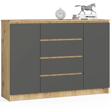 Cómoda AKORD K140 Roble Artisan 138 cm 2 puertas 4 cajones frente en color Grafito Gris 4 estantes 138x40x99 cm