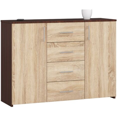 Cómoda AKORD K45 Wenge 110 cm 2 puertas 4 cajones frente en color Roble Sonoma 4 estantes 110x35x80 cm
