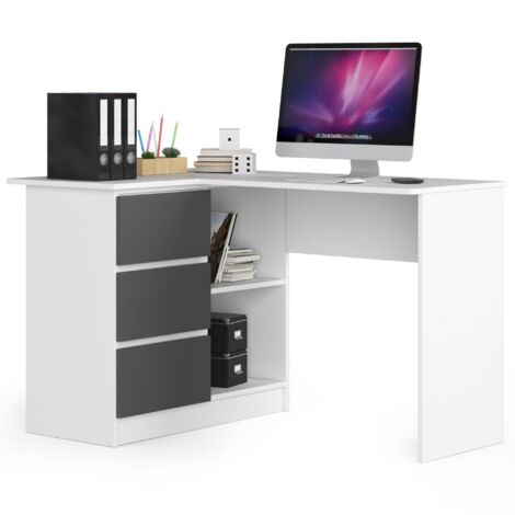 Escritorio esquinero AKORD B16 Blanco 124 cm con lado izquierdo 3 cajones frente en color Grafito Gris 2 estantes 124x85x77 cm (1/5)
