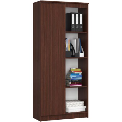Librería AKORD R80 Wenge 80 cm 1 puerta frente en color Wenge 4 estantes 80x35x180 cm