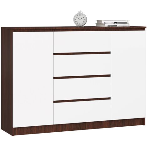 Cómoda AKORD K140 Wenge 138 cm 2 puertas 4 cajones frente en color Blanco 4 estantes 138x40x99 cm
