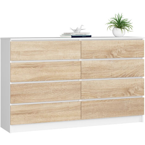 Cómoda AKORD K160 Blanco 160 cm 8 cajones frente en color Roble Sonoma 160x40x99 cm
