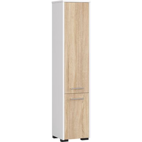Columna de baño AKORD FIN Blanco 30 cm 2 puertas frente en color Roble Sonoma 5 estantes 30x30x140 cm