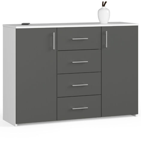 Cómoda AKORD K45 Blanco 110 cm 2 puertas 4 cajones frente en color Gris Grafito 110x35x80 cm