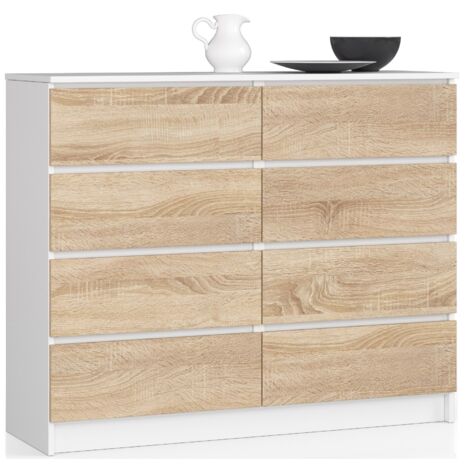 Cómoda AKORD K120 Blanco 120 cm 8 cajones frente en color Roble Sonoma 120x40x99 cm