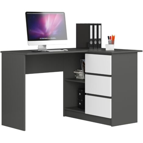 Escritorio esquinero AKORD B16 Grafito Gris 124 cm con lado derecho 3 cajones frente en color Blanco 2 estantes 124x85x77 cm