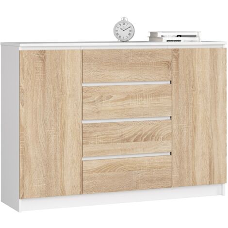 Cómoda AKORD K140 Blanco 138 cm 2 puertas 4 cajones frente en color Roble Sonoma 4 estantes 138x40x99 cm