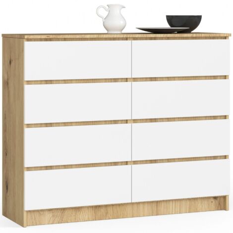 Cómoda AKORD K120 Roble Artisan 120 cm 8 cajones frente en color Blanco 120x40x99 cm