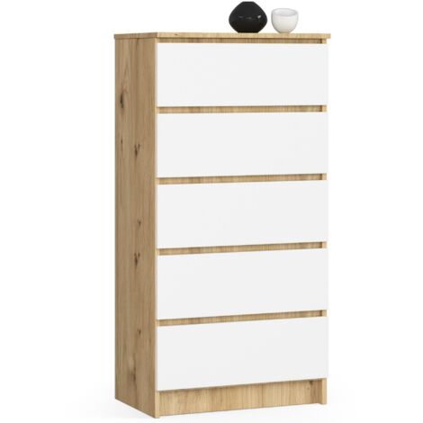 Cómoda AKORD K60 Roble Artisan 60 cm 5 cajones frente en color Blanco 60x40x121 cm