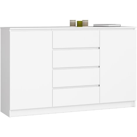 Cómoda AKORD K160 Blanco 160 cm 2 puertas 4 cajones frente en color Blanco 4 estantes 160x40x99 cm