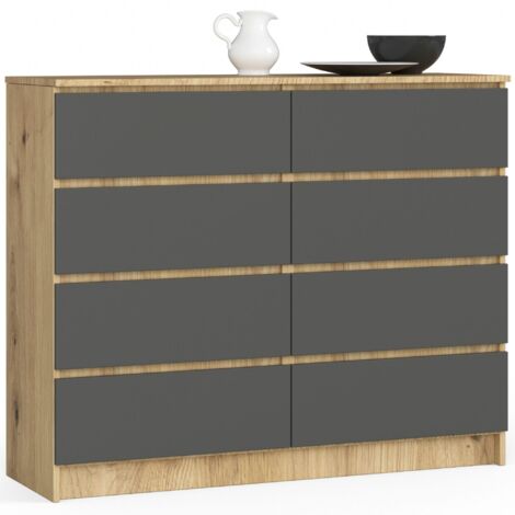 Cómoda AKORD K120 Roble Artisan 120 cm 8 cajones frente en color Grafito Gris 120x40x99 cm