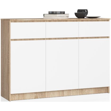 Cómoda AKORD K140 Roble Sonoma 138 cm 3 puertas 3 cajones frente en color Blanco 6 estantes 138x40x99 cm